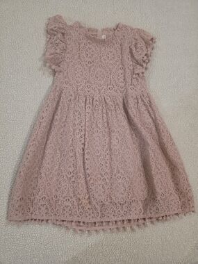 Girls' Dusty Pink Lace Pom-Trim Dress